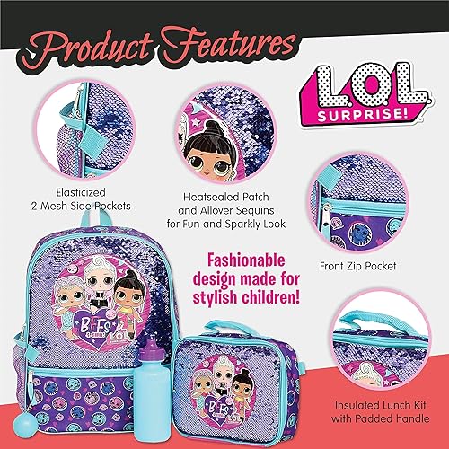 L.O.L. SURPRISE! GIRLS 4-PIECE FLIP SEQUIN 16 BACKPACK SET WITH FRONT ZIP POCKET - PURPLE TEAL