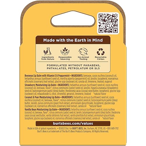 BURTS BEES NATURAL LIP BALM PACK BEESWAX, STRAWBERRY, COCONUT PEAR VANILLA, 4 TUBES 0.15 OZ