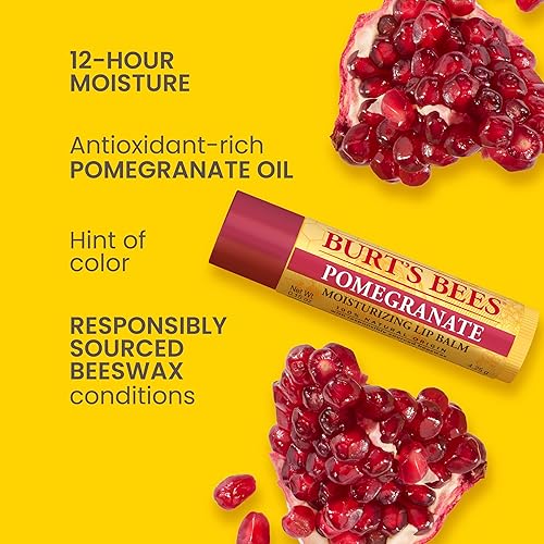 BURTS BEES POMEGRANATE LIP BALM 4-PACK, NATURAL MOISTURIZER WITH BEESWAX, TINT-FREE 0.15 OZ