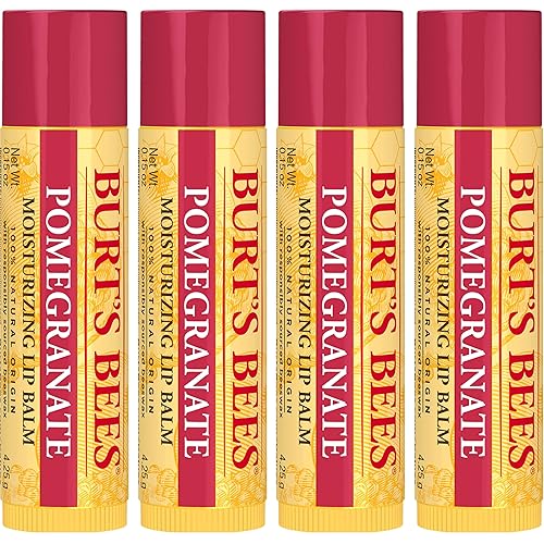 BURTS BEES POMEGRANATE LIP BALM 4-PACK, NATURAL MOISTURIZER WITH BEESWAX, TINT-FREE 0.15 OZ