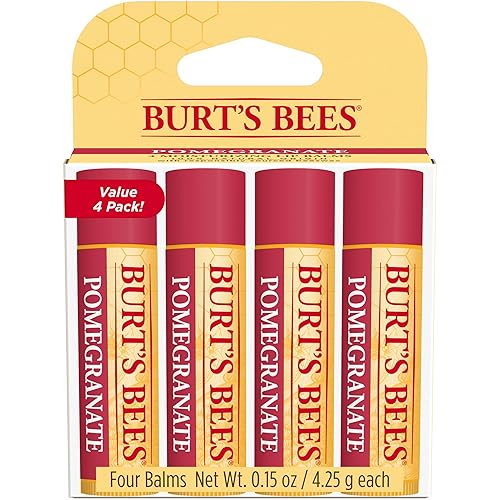 BURTS BEES POMEGRANATE LIP BALM 4-PACK, NATURAL MOISTURIZER WITH BEESWAX, TINT-FREE 0.15 OZ