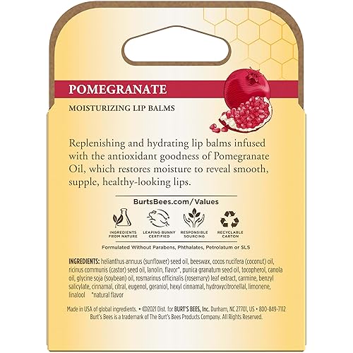 BURTS BEES POMEGRANATE LIP BALM 4-PACK, NATURAL MOISTURIZER WITH BEESWAX, TINT-FREE 0.15 OZ