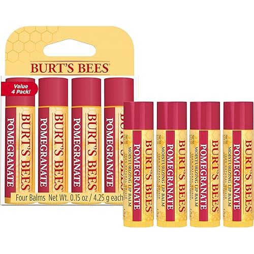 BURTS BEES POMEGRANATE LIP BALM 4-PACK, NATURAL MOISTURIZER WITH BEESWAX, TINT-FREE 0.15 OZ