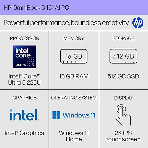 HP OMNIBOOK 5 16 INCH AI PC, 2K TOUCHSCREEN DISPLAY, INTEL CORE ULTRA 5 225U, 16 GB RAM, 512 GB SSD,
