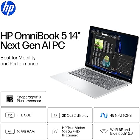 HP OMNIBOOK 5 14 INCH NEXT GEN AI PC, OLED DISPLAY, SNAPDRAGON X PLUS X1P-42-100, 16 GB RAM, 1 TB SS