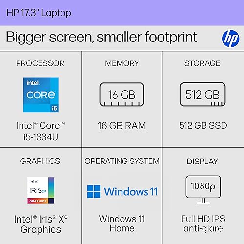 HP 17.3 INCH LAPTOP, FHD DISPLAY, INTEL CORE I5-1334U, 16 GB RAM, 512 GB SSD, INTEL IRIS XE GRAPHICS