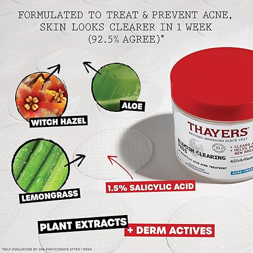 THAYERS ACNE CLEARING PADS WITH SALICYLIC ACID WITCH HAZEL EXFOLIATING, SOOTHING, 60 CT