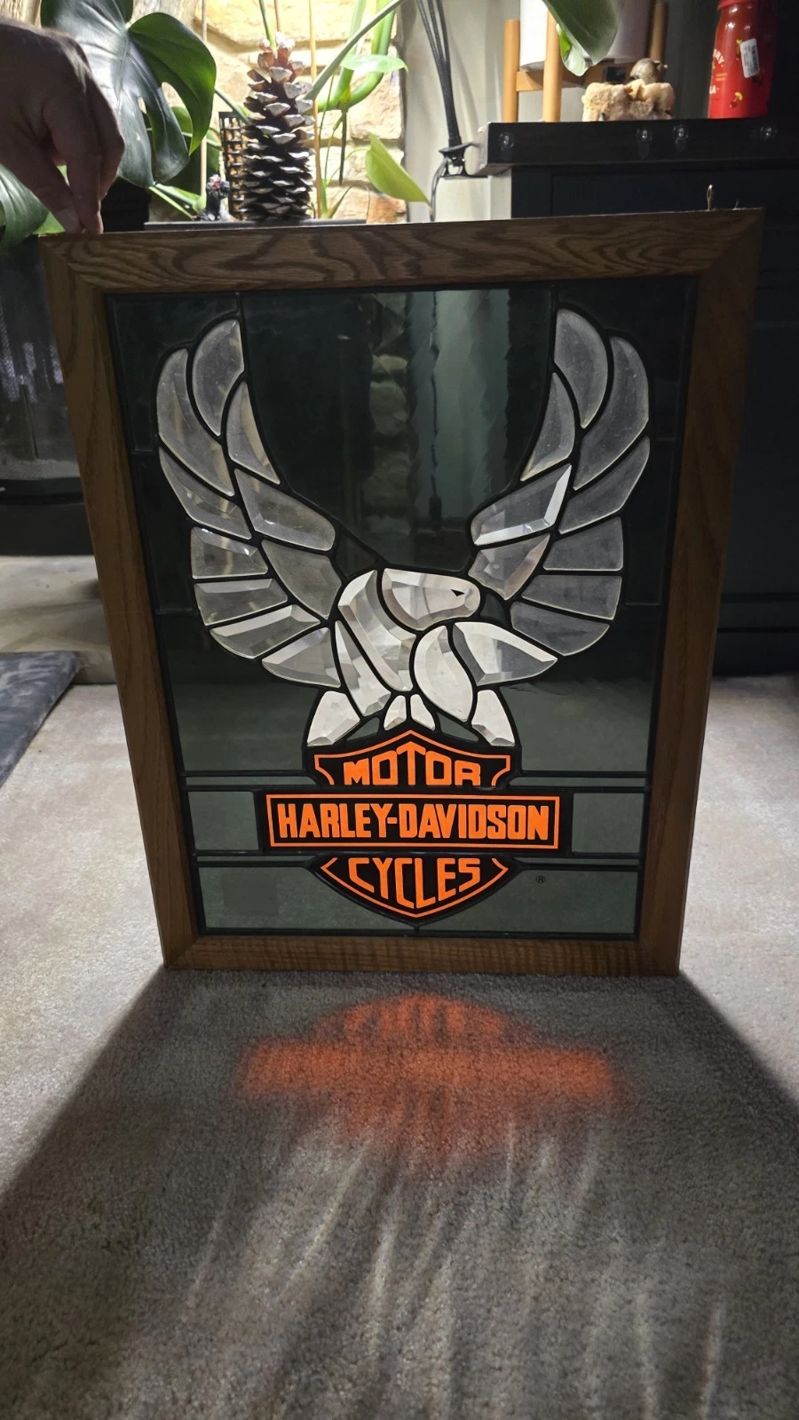 HARLEY DAVIDSON STAINED GLASS WOOD FRAMED 19"X25" PICTURE