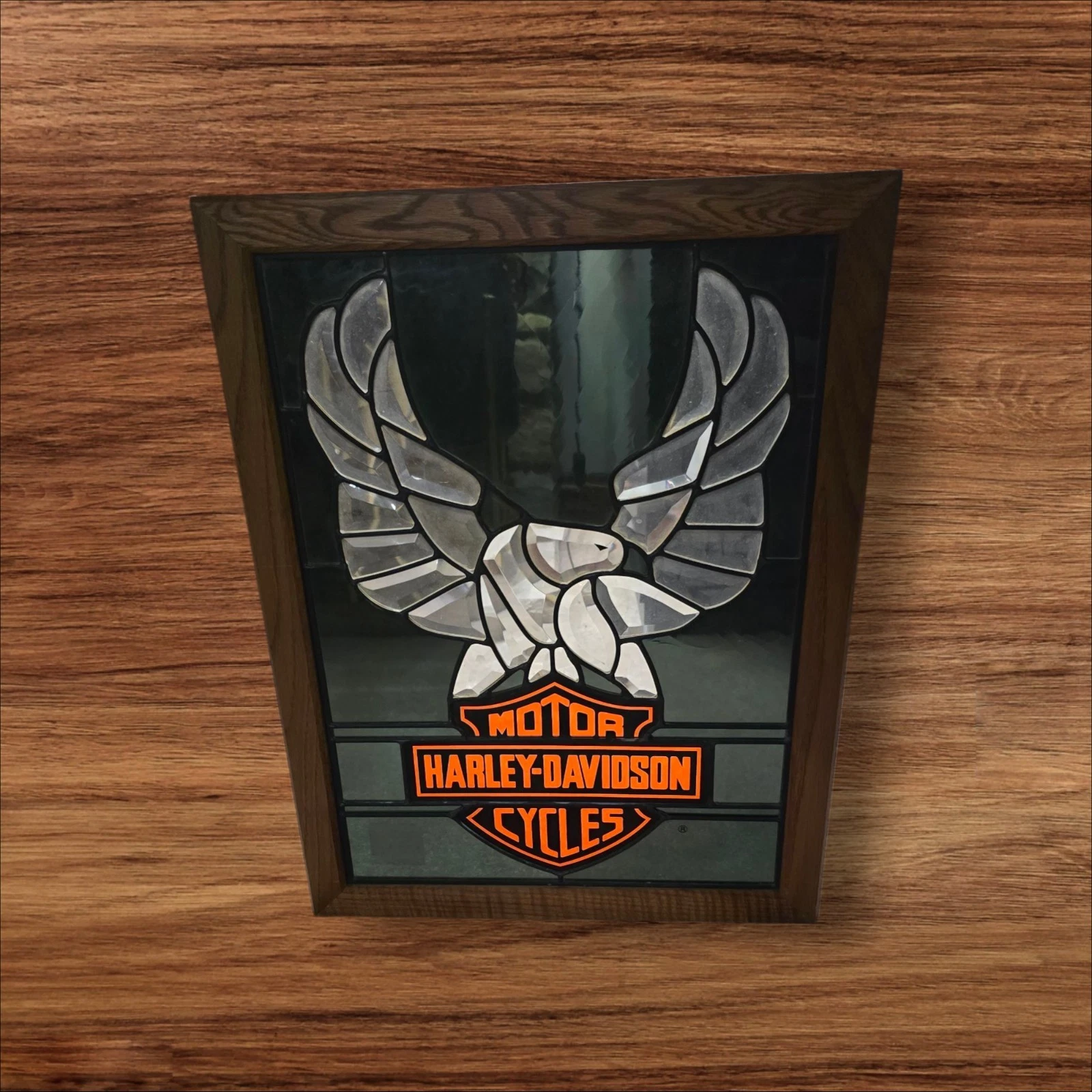 HARLEY DAVIDSON STAINED GLASS WOOD FRAMED 19"X25" PICTURE