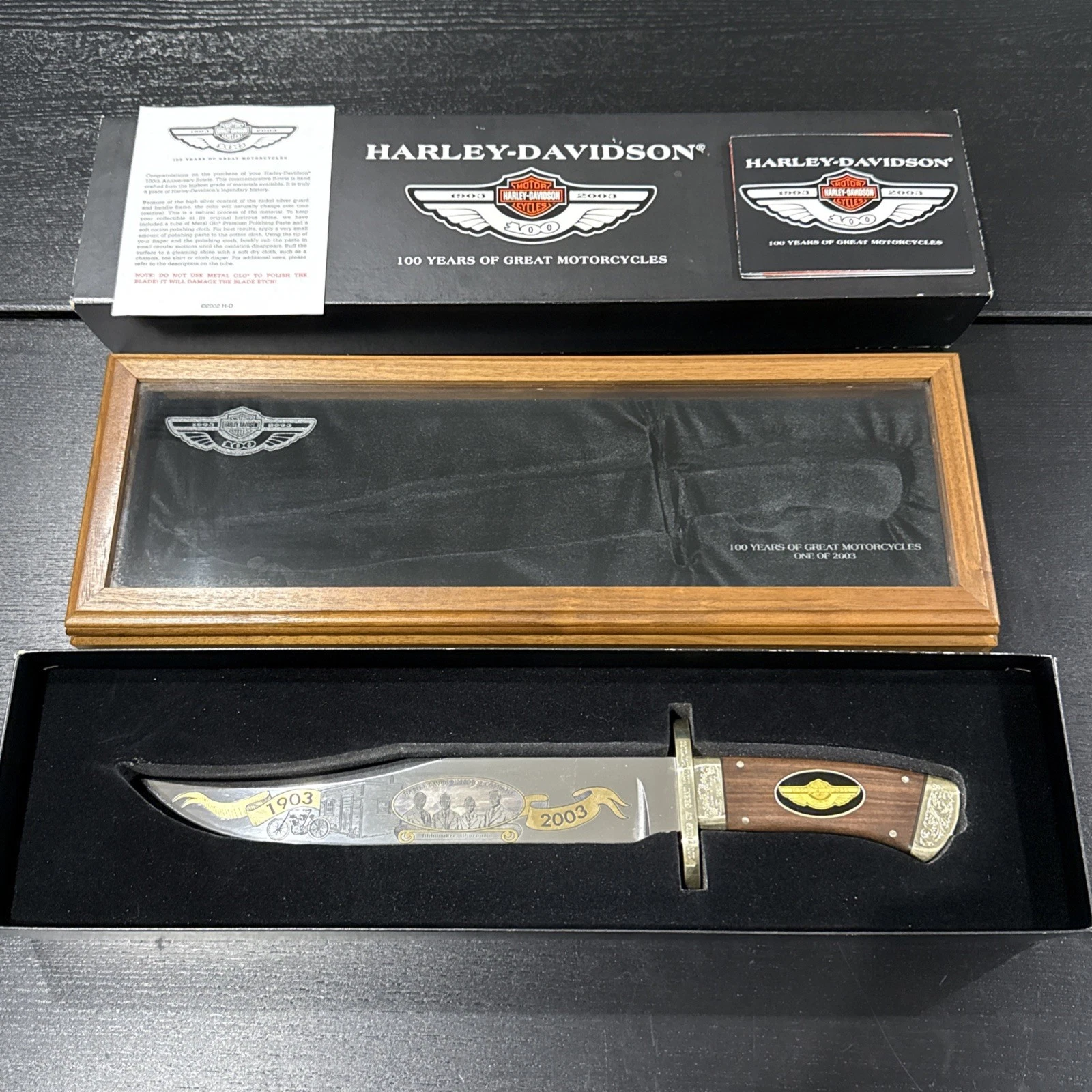 HARLEY-DAVIDSON 100TH ANNIVERSARY LIMITED EDITION FOUNDERS KNIFE IN DISPLAY CASE