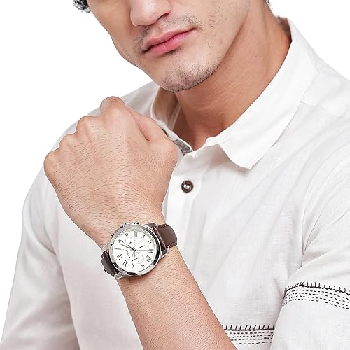FOSSIL GRANT MEN S CHRONOGRAPH WATCH QUARTZ MOVEMENT, STAINLESS STEEL CASE, LEATHER BAND