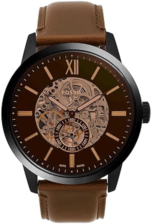 FOSSIL TOWNSMAN MEN S SKELETON AUTOMATIC WATCH STAINLESS STEEL LEATHER STRAP, TWO-HAND DESIGN