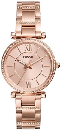 FOSSIL CARLIE WOMENS QUARTZ WATCH STAINLESS STEEL, THREE-HAND ANALOG WRISTWATCH