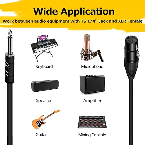 RANCH 20FT XLR FEMALE TO 1 4 TS MONO MICROPHONE CABLE, UNBALANCED MIC CORD, BLACK