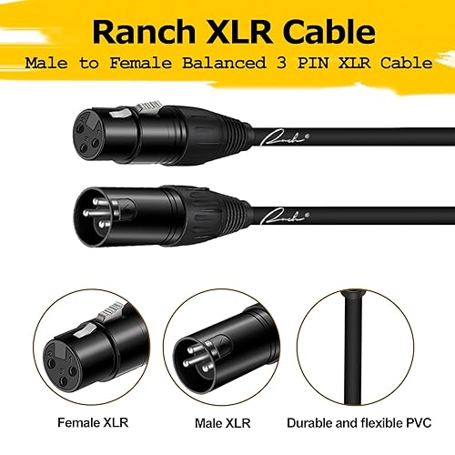 RANCH 10FT XLR CABLE 3-PIN MALE TO FEMALE BALANCED MICROPHONE CORD FOR PA AUDIO SYSTEMS, BLACK