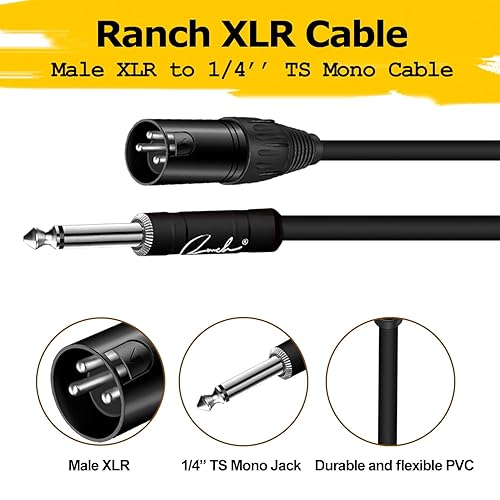 RANCH 6FT MALE XLR TO 1 4 TS MONO MICROPHONE CABLE, UNBALANCED PATCH CORD, BLACK