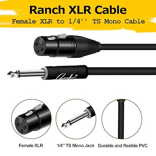 RANCH 6FT XLR FEMALE TO 1 4 TS MONO MICROPHONE CABLE, UNBALANCED MIC LEAD, BLACK