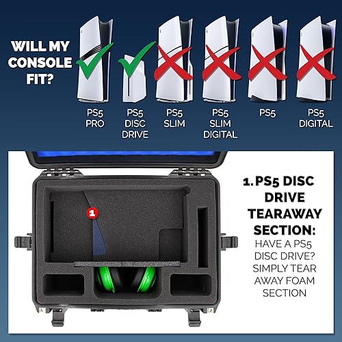 CASEMATIX WATERPROOF HARD CASE FOR PS5 PRO DISC DRIVE CUSTOM FOAM TRAVEL CASE FOR CONSOLE ACCESSORIES