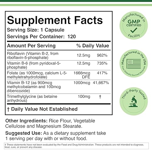 DOUBLE WOOD SUPPLEMENTS METHYLATED MULTIVITAMIN B COMPLEX WITH TMG METHYLFOLATE, MTHFR SUPPORT, NON-GMO, 120 CAPSULES