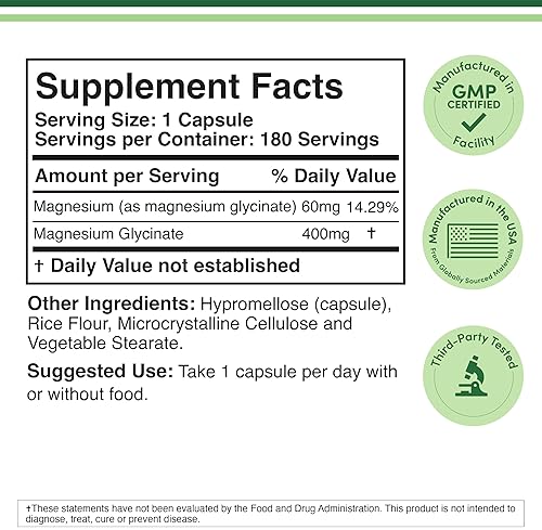 DOUBLE WOOD SUPPLEMENTS MAGNESIUM GLYCINATE 400MG 180 VEGAN CAPSULES SLEEP, MUSCLE, HEART SUPPORT NON-GMO, TESTED