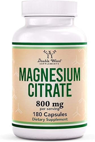 DOUBLE WOOD SUPPLEMENTS  MAGNESIUM CITRATE 800MG 180 VEGAN CAPSULES FOR DIGESTION, CONSTIPATION RELIEF, NON-GMO SUPPLEMENT