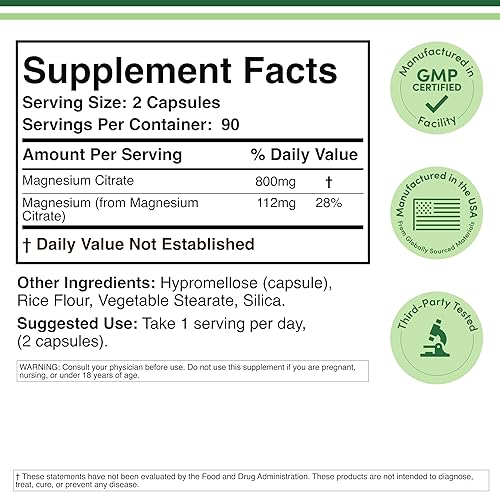 DOUBLE WOOD SUPPLEMENTS  MAGNESIUM CITRATE 800MG 180 VEGAN CAPSULES FOR DIGESTION, CONSTIPATION RELIEF, NON-GMO SUPPLEMENT