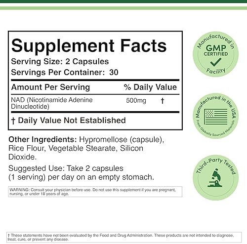 DOUBLE WOOD SUPPLEMENTS  NAD SUPPLEMENT 500MG 95 PURE, ANTI-AGING CELL REGENERATION VEGAN, NON-GMO, 30 DAY SUPPLY