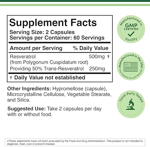 DOUBLE WOOD SUPPLEMENTS  RESVERATROL SUPPLEMENT 500MG, 120 CAPSULES 50 TRANS-RESVERATROL FOR HEALTHY AGING SUPPORT