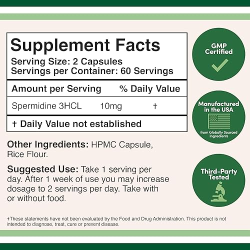 DOUBLE WOOD SUPPLEMENTS SPERMIDINE SUPPLEMENT 10MG 99 PURE, 120 CAPSULES POTENT ANTI-AGING, TELOMERE CELL SUPPORT