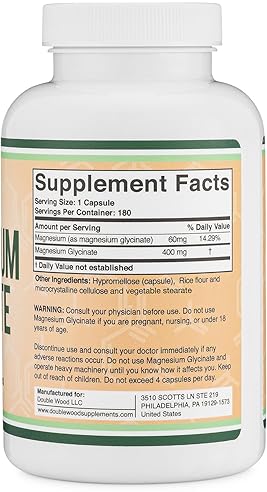DOUBLE WOOD SUPPLEMENTS MAGNESIUM GLYCINATE 400MG 180 VEGAN CAPSULES SLEEP, MUSCLE, HEART SUPPORT NON-GMO, GLUTEN FREE