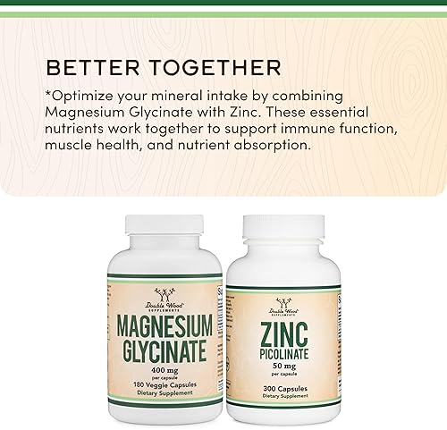 DOUBLE WOOD SUPPLEMENTS MAGNESIUM GLYCINATE 400MG 180 VEGAN CAPSULES SLEEP, MUSCLE, HEART SUPPORT NON-GMO, GLUTEN FREE
