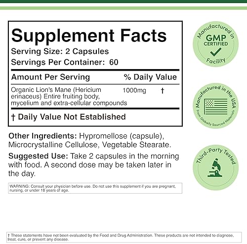 DOUBLE WOOD SUPPLEMENTS ORGANIC LION S MANE MUSHROOM CAPSULES 120CT FOCUS IMMUNE SUPPORT, USA GROWN, THIRD-PARTY TESTED