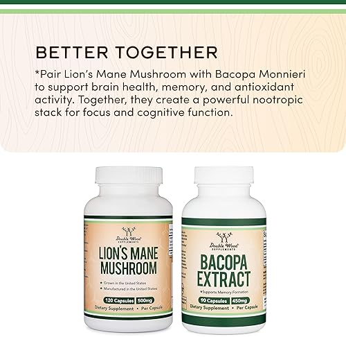 DOUBLE WOOD SUPPLEMENTS ORGANIC LION S MANE MUSHROOM CAPSULES 120CT FOCUS IMMUNE SUPPORT, USA GROWN, THIRD-PARTY TESTED
