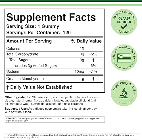 DOUBLE WOOD SUPPLEMENTS CREATINE MONOHYDRATE GUMMIES 1G 120 VEGAN, NON-GMO, GLUTEN-FREE, FILLER-FREE BY DOUBLE WOOD