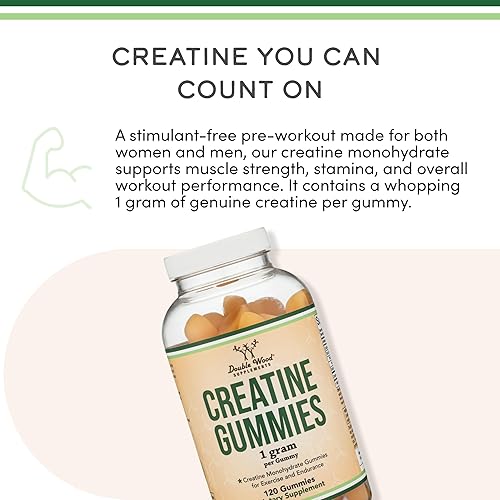 DOUBLE WOOD SUPPLEMENTS CREATINE MONOHYDRATE GUMMIES 1G 120 VEGAN, NON-GMO, GLUTEN-FREE, FILLER-FREE BY DOUBLE WOOD