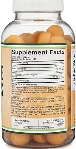 DOUBLE WOOD SUPPLEMENTS CREATINE MONOHYDRATE GUMMIES 1G 120 VEGAN, NON-GMO, GLUTEN-FREE, FILLER-FREE BY DOUBLE WOOD