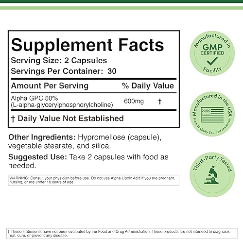 DOUBLE WOOD SUPPLEMENTS ALPHA GPC CHOLINE 600MG BRAIN SUPPLEMENT MEMORY, FOCUS COGNITIVE SUPPORT, 60 CAPSULES USA MADE