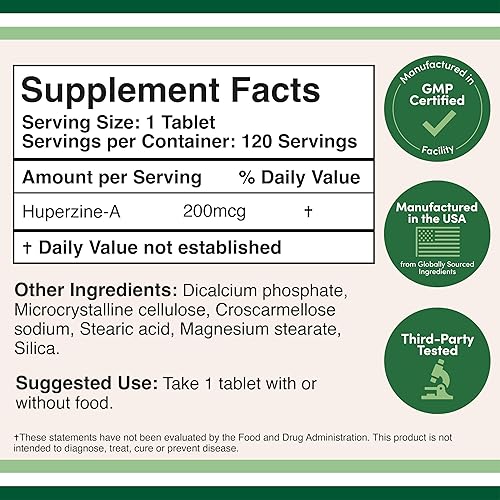 DOUBLE WOOD SUPPLEMENTS HUPERZINE A 200MCG - BRAIN SUPPLEMENT FOR MEMORY FOCUS, 120 TABLETS, THIRD-PARTY TESTED