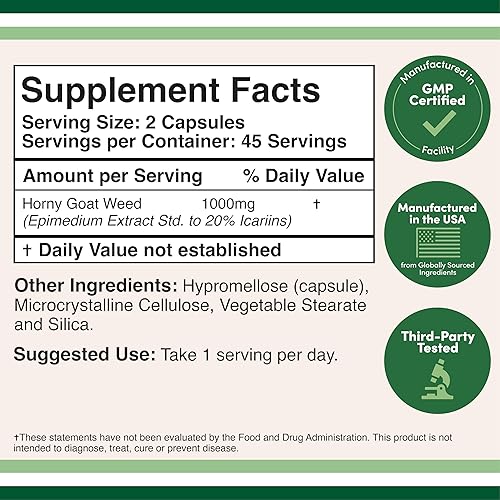 DOUBLE WOOD SUPPLEMENTS HORNY GOAT WEED 1000MG 20 ICARIINS, MAX STRENGTH, 90 CAPSULES, FOR MEN WOMEN,