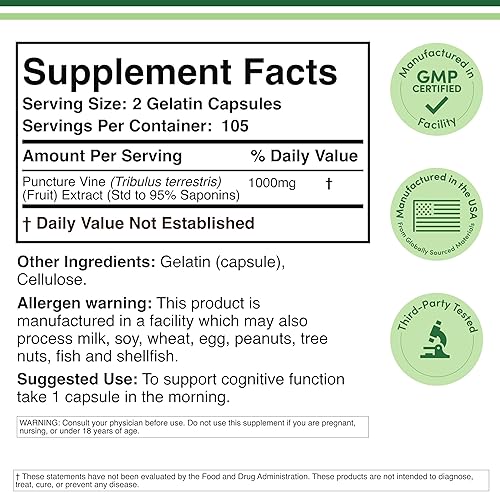 DOUBLE WOOD SUPPLEMENTS  TRIBULUS TERRESTRIS 1000MG FOR MEN, 95 SAPONINS, 210 VEGAN CAPSULES, ENERGY STAMINA, NON-GMO