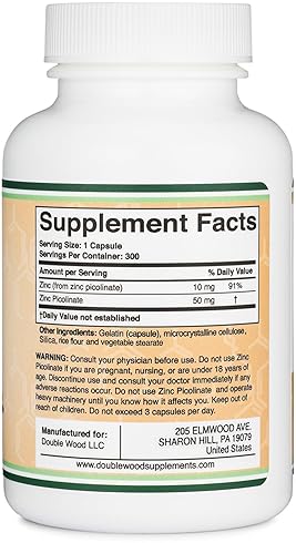 DOUBLE WOOD SUPPLEMENTS ZINC PICOLINATE 50MG 300 CAPSULES, IMMUNE SUPPORT, NON-GMO, GLUTEN FREE, 300-DAY SUPPLY