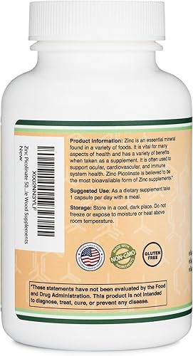 DOUBLE WOOD SUPPLEMENTS ZINC PICOLINATE 50MG 300 CAPSULES, IMMUNE SUPPORT, NON-GMO, GLUTEN FREE, 300-DAY SUPPLY