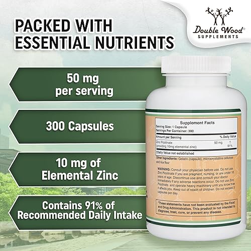 DOUBLE WOOD SUPPLEMENTS ZINC PICOLINATE 50MG 300 CAPSULES, IMMUNE SUPPORT, NON-GMO, GLUTEN FREE, 300-DAY SUPPLY