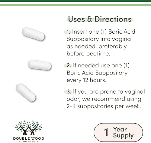 DOUBLE WOOD SUPPLEMENTS BORIC ACID SUPPOSITORIES 600MG 60 COUNT, PH BALANCE ODOR CONTROL, USP GRADE, TESTED