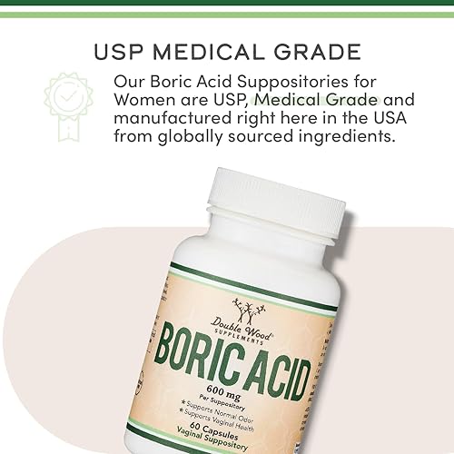 DOUBLE WOOD SUPPLEMENTS BORIC ACID SUPPOSITORIES 600MG 60 COUNT, PH BALANCE ODOR CONTROL, USP GRADE, TESTED