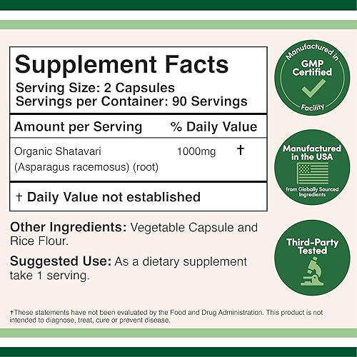 DOUBLE WOOD SUPPLEMENTS ORGANIC SHATAVARI CAPSULES 1000MG HORMONE BALANCE PROLACTIN SUPPORT, 180 VEGAN CAPSULES, NON-GMO