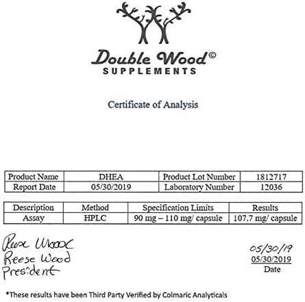 DOUBLE WOOD SUPPLEMENTS DHEA 100MG CAPSULES 180 COUNT, MAX STRENGTH, 6 MONTH SUPPLY, HORMONE BALANCE, THIRD-PARTY TESTED