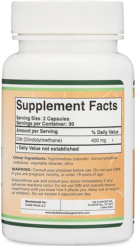 DOUBLE WOOD SUPPLEMENTS DIM SUPPLEMENT 400MG FOR HORMONE BALANCE, ESTROGEN BLOCKER ACNE SUPPORT, 60 CAPSULES