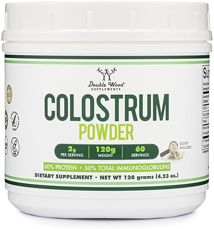DOUBLE WOOD SUPPLEMENTS BOVINE COLOSTRUM POWDER 120G GUT HEALTH, IMMUNE, SKIN HAIR SUPPORT FOR WOMEN MEN, 60 SERVINGS