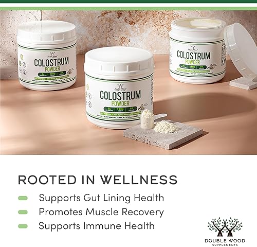 DOUBLE WOOD SUPPLEMENTS BOVINE COLOSTRUM POWDER 120G GUT HEALTH, IMMUNE, SKIN HAIR SUPPORT FOR WOMEN MEN, 60 SERVINGS